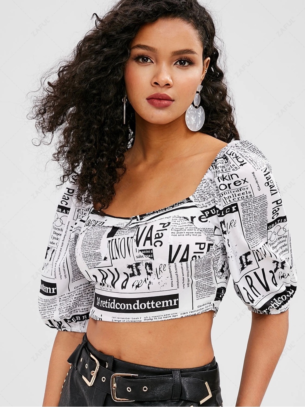 ZAFUL Smocked Newspaper Print Crop Blouse